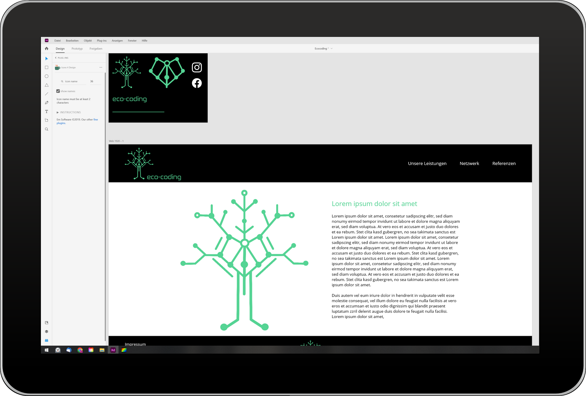 Mockup Tablet mit Design der eco-coding Seite in Adobe XD
