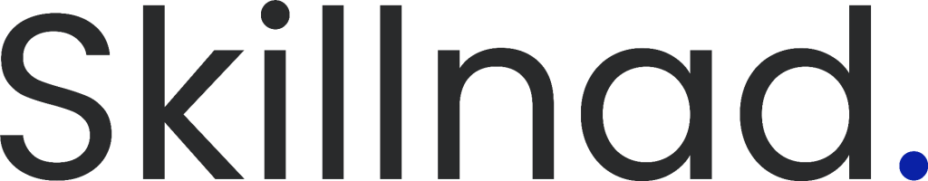 Logo von Skillnad - Schriftzug in grau mit blauem Punkt dahinter